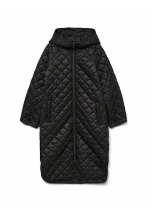 Gequiltede zwarte jas met kap, voorzien van een volledige rits, zijzakken en een ruime, oversized pasvorm. Gemaakt van een gladde, lichte stof.
