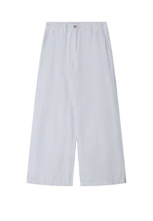 Wide-leg pants with light blue and white vertical stripes, button closure, belt loops, and side pockets.