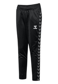 Zwarte sportbroek met een elastische tailleband, voorzien van een wit logo en diagonale grijze chevronaccenten aan de zijkanten. Gladde textuur.