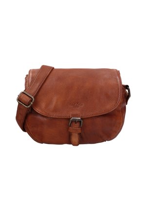 Braune Leder-Crossbody-Tasche mit runder Form, Klappenverschluss, verstellbarem Trageriemen und detaillierter Metallschnalle auf der Vorderseite.