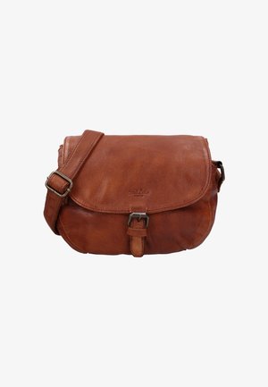 Brun läder axelväska med rundad form, lockstängning, justerbar rem och detaljer med metallspänne på framsidan.