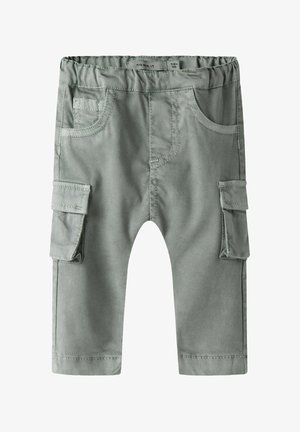 Hellgraue Cargohosen aus strapazierfähigem Stoff, mit elastischem Bund, mehreren Taschen und geradem Bein.