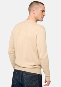 Pull en beige à manches longues, avec des poignets et un ourlet côtelés, fabriqué en tissu tricoté doux, porté sur un jean en denim bleu foncé.