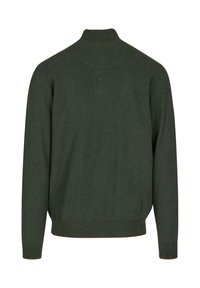 Dunkelgrüner Pullover mit hohem Kragen, gerippten Ärmelbündchen und Saum. Verfügt über ein strukturiertes Strickmuster und ein nahtloses Rückendesign.