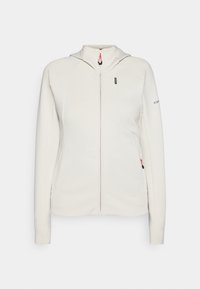 Hoodie beige clair avec fermeture éclair, poches kangourou et capuche. Présente des accents roses sur la fermeture éclair et le logo sur la manche. Tissu texturé.