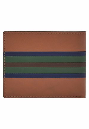 Portefeuille en cuir marron avec des rayures horizontales bleu foncé, vert et marron. Texture lisse avec des bords cousus et un design compact.