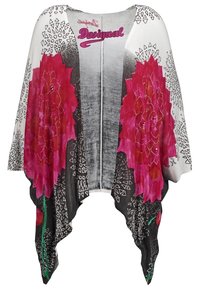 Chal ligero y fluido en blanco, negro y rosa, con diseños florales y patrones geométricos, con un frente abierto y un dobladillo asimétrico.