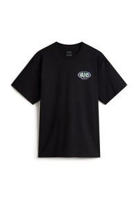 Black cotton t-shirt with short sleeves, featuring a colorful Vans logo on the left chest. Classic crew neck design, unembellished back.
