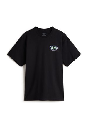 Black cotton t-shirt with short sleeves, featuring a colorful Vans logo on the left chest. Classic crew neck design, unembellished back.
