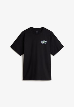 Black cotton t-shirt with short sleeves, featuring a colorful Vans logo on the left chest. Classic crew neck design, unembellished back.