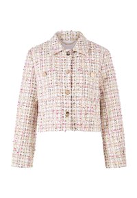 Giacca cropped realizzata in tessuto bianco texturizzato con fletti multicolori. Presenta un collo a punta e chiusure con bottoni dorati.