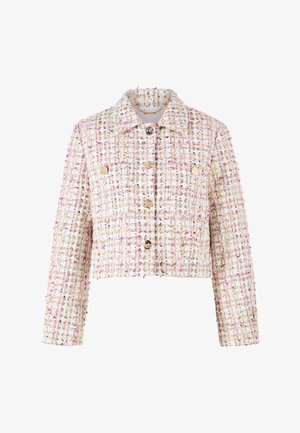 Veste courte en tissu blanc texturé avec des éclats multicolores. Dotée d'un col et de fermetures à boutons dorés.