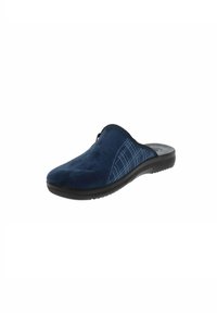 Scarpa slip-on blu navy realizzata in morbida suede con suola nera liscia e motivo a scacchi sui lati. Punta arrotondata e interno imbottito.