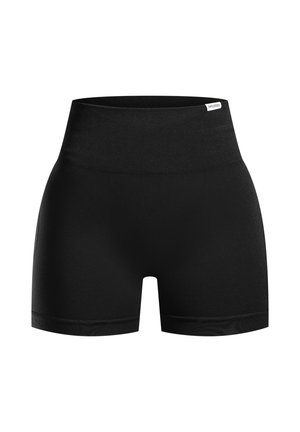 Zwarte high-waisted shorts gemaakt van soepel, rekbaar materiaal met een brede tailleband en korte binnenbeenlengte, met een subtiele glans.