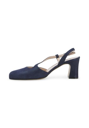Scarpa slingback in suede blu navy con punta arrotondata e tacco a blocco di altezza media, caratterizzata da un design con intagli e cinturino regolabile alla caviglia.