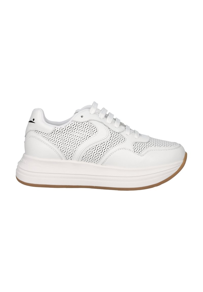 White athletic shoe with perforated leather sides, lace-up design, padded collar, and gum rubber sole. Smooth texture with a lightweight appearance.