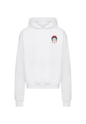 Weißer Hoodie mit einer Fronttasche und einem Grafikdruck eines Gesichts mit Blumen im Haar auf der Brust. Weicher Stoff mit gerippten Bündchen.