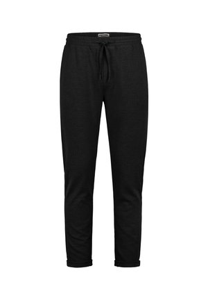 Black tapered jogger pants with elastic waistband, drawstring, rolled cuffs, and subtle texture on fabric.