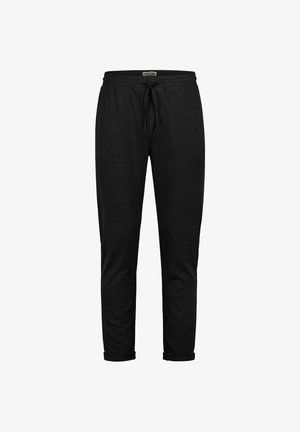 Schwarze, schmal zulaufende Jogginghosen mit elastischem Bund, Kordelzug, umgeschlagenen Bündchen und subtiler Stoffstruktur.
