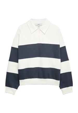 Maglia da rugby a maniche lunghe con colletto bianco e ampie strisce orizzontali alternate blu navy e bianche.