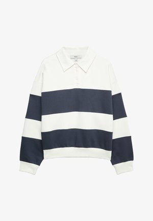 Langærmet rugbytrøje med hvid krave og skiftevis brede mørkeblå og hvide vandrette striber.