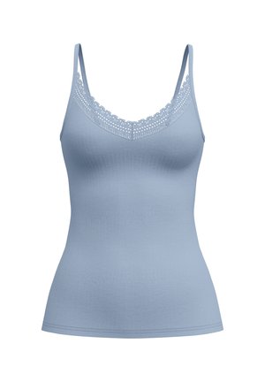 Hellblaues, enganliegendes Camisole mit dünnen Trägern und Spitzenbesatz entlang des runden Ausschnitts, nahtlos und glatte Stoffstruktur.