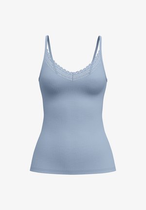 Hellblaues, enganliegendes Camisole mit dünnen Trägern und Spitzenbesatz entlang des runden Ausschnitts, nahtlos und glatte Stoffstruktur.