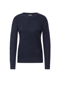 Pull bleu marine en tricot texturé avec un motif géométrique. Dispose de manches longues et d'un col rond.