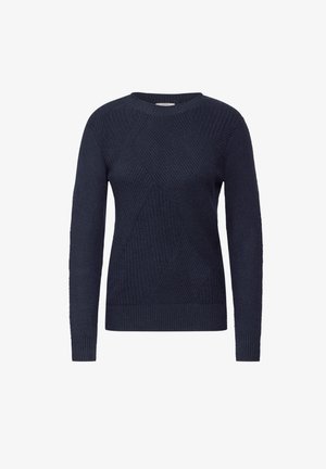 Mörkblå tröja gjord av texturerad stickad material med ett geometriskt mönster. Har långa ärmar och rund hals.