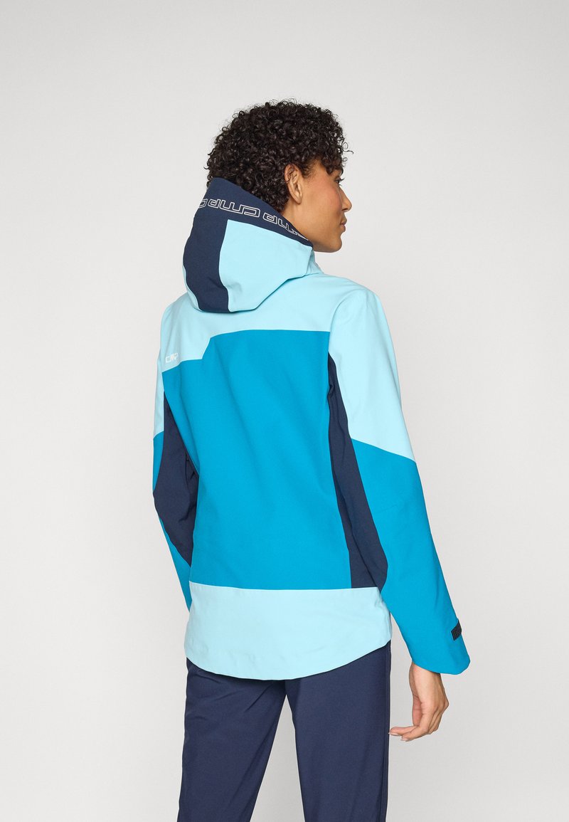 Farbenblockierte Jacke in Hellblau und Marineblau. Verfügt über eine Kapuze, lange Ärmel und verstellbare Bündchen. Glattes, wasserdichtes Material mit Logo-Akzent.