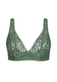 Lace bralette in een gedempte groene kleur, met bloemmotieven, een driehoekige vorm en verstelbare bandjes met een scalloped rand.