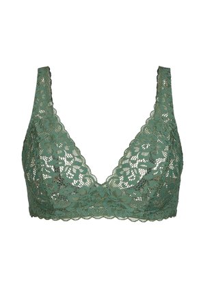 Bralette in pizzo di un verde tenue, con motivi floreali, forma triangolare e spalline regolabili con bordo ondulato.