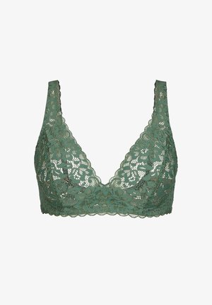 Lace bralette in een gedempte groene kleur, met bloemmotieven, een driehoekige vorm en verstelbare bandjes met een scalloped rand.