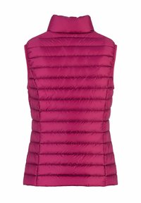 Padded vest in bright fuchsia, featuring a high collar and horizontal stitching. Smooth, lightweight fabric with no visible fasteners.