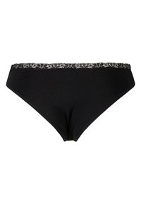 Czarny biustonosz w stylu bikini z koronkową lamówką wzdłuż górnej krawędzi, prezentowany na białym tle.