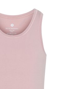 Lyserød bomulds tanktop med rund halsudskæring, tynde stropper og en glat tekstur. Har et plejeetiket indeni halsområdet.