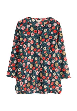 Blouse à manches longues avec un fond vert comportant des motifs floraux roses, rouges et jaunes et un col rond avec des boutons sur le devant.