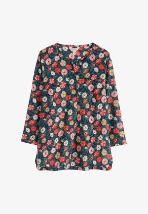 Long-sleeve blouse with green background featuring pink, red, and yellow floral patterns and a round neckline with buttons down the front.