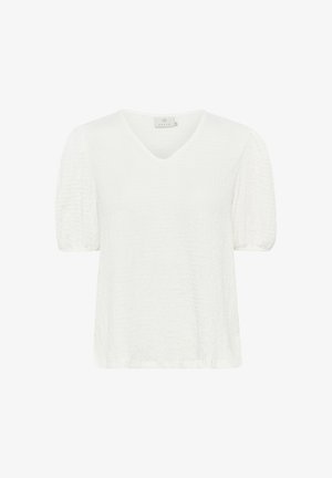 Biała bluzka z dekoltem w serek, z krótkimi, bufkowymi rękawami, wykonana z teksturowanej tkaniny i o luźnym kroju. Metka widoczna w okolicy dekoltu.