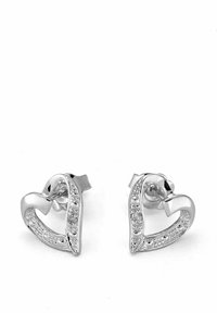 Srebrne uhane v obliki srca z gladko površino in vrsto majhnih kamnov ob robu. Zaskočni zatič za zapiranje.