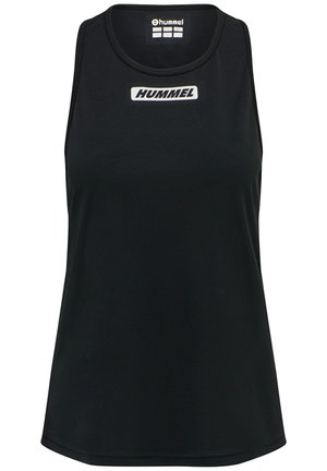 Black tank top made of smooth, lightweight fabric. Features a round neckline and a white "HUMMEL" logo on the front. No additional patterns.