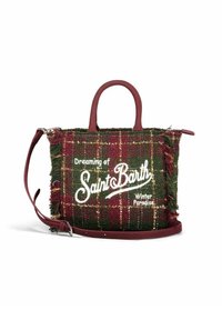 Petit sac à main rectangulaire en tissu à carreaux vert et bourgogne, avec des poignées en cuir, une bandoulière amovible et le texte blanc "Rêver de Saint Barth, Paradis d'Hiver."