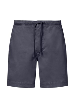 Marineblauwe zwemshorts met elastische tailleband en verstelbare koord aan de voorkant, knielengte, gladde stof, zonder zichtbare logo's of patronen.