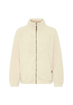 Cremefarbene Fleece-Jacke mit durchgehendem Reißverschluss, hohem Kragen und seitlichen Taschen. Weiche Textur mit lockerer Passform und elastischen Bündchen.