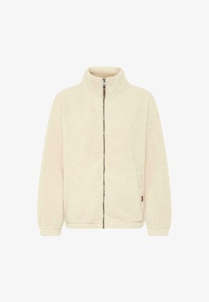 Cremefarbene Fleece-Jacke mit durchgehendem Reißverschluss, hohem Kragen und seitlichen Taschen. Weiche Textur mit lockerer Passform und elastischen Bündchen.