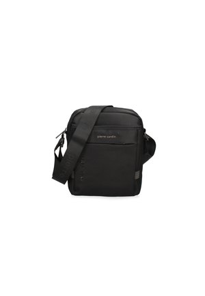 Black messenger bag made of durable fabric; features an adjustable strap, front zip pocket, and embossed logo detailing. Rectangular shape.