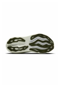Shoe sole featuring a white base with an intricate green rubber pattern, including grooves and cutouts for traction.