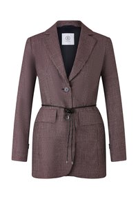 Burgundský kostkovaný blazer s přizpůsobeným střihem, jednobutonová část, opasek v pase, dvě přední kapsy a klopový límec.