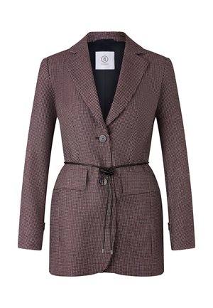 Burgunderfarbener Karo-Blazer mit maßgeschneidertem Design, Ein-Knopf-Verschluss, tailliertem Gürtel, zwei vorderen Taschen und Reverskragen.