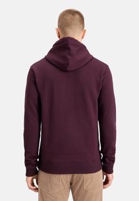 Bordeauxroter Kapuzenpullover mit weicher Textur, gerippten Bündchen und Saum sowie einem schlichten Design. Abgebildet ist die Rückansicht ohne zusätzliche Details.